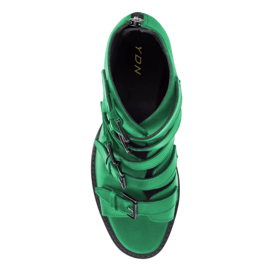 Green Peep Toe Chunky High Heel Buckled Hollow-Out Summer Sandals