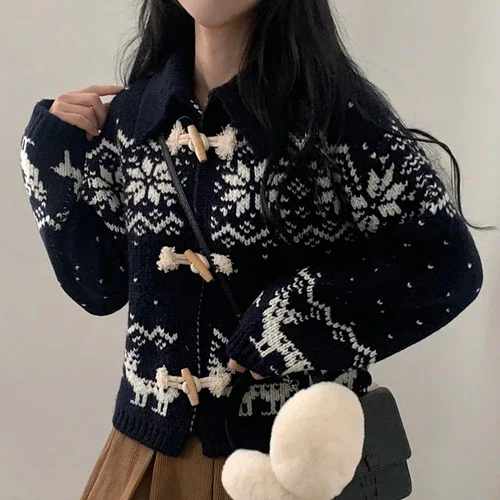 Dubeyi Korean Chic Vintage Clothes Knitted Cardigan Femme Lapel Collar Snowflake Jacquard Bullhorn Button Knitted Sweater Top