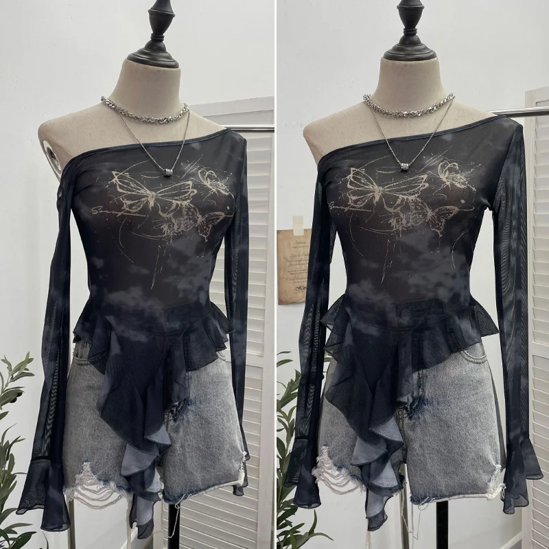 Uveng Millennial Y2k Babes Oblique Shoulder Thin Mesh Print Top Irregular Lotus Leaf Side Ribbon Short T-Shirt 6608