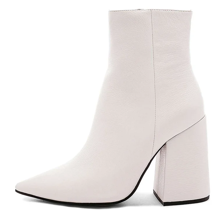 White Pointy Toe Block Heel Ankle Boots with Zipper |FSJ Shoes