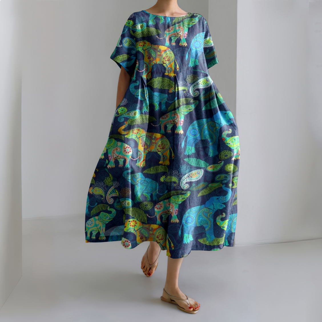 Vintage Ethnic Paisley Elephant Pattern Linen Blend Maxi Dress wearshes