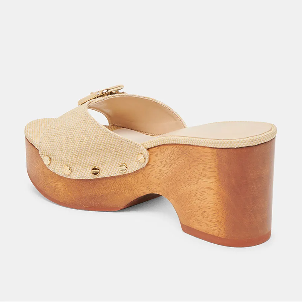 Beige Raffia Studded Open Round Toe Buckle Platform Slide Sandals