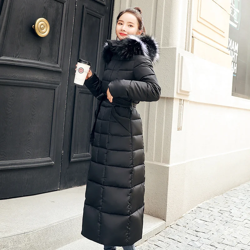 Woherb Cotton-Padded Clothes Female Over The Knee Long Style 2023 New Winter Dress Korean Version Slim Add Thick Big Wool Collar Large Size Down Cotton Jacket Cotton-Padded Jacket-Outfit Ideas