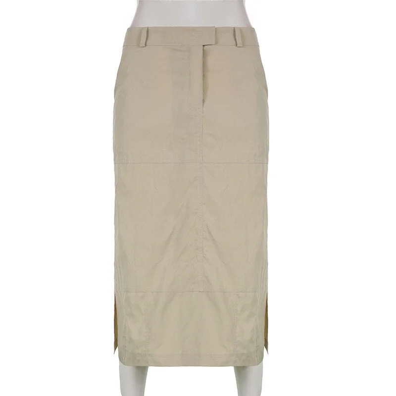 Sweetown Khaki Casual Long Cargo Skirts Women Stitching Vintage Baggy Streetwear Outfits Split Fashion Low Waist LooseSize Skirt