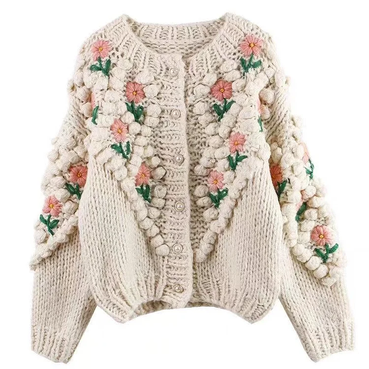 Floral Pearl Button Cardigan-White
