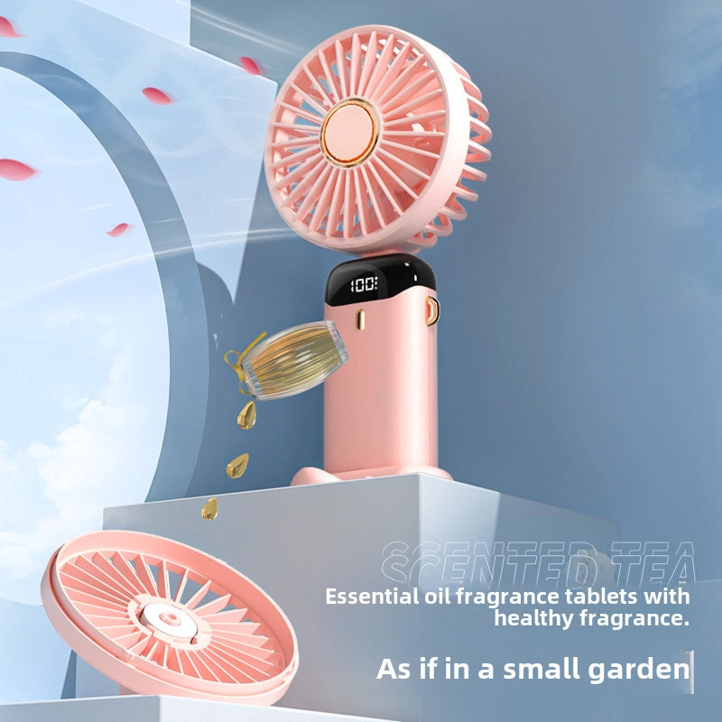 New Handheld Fan Outdoor USB Charging Mini Portable Student Small Fan Digital Display Folding Aromatherapy