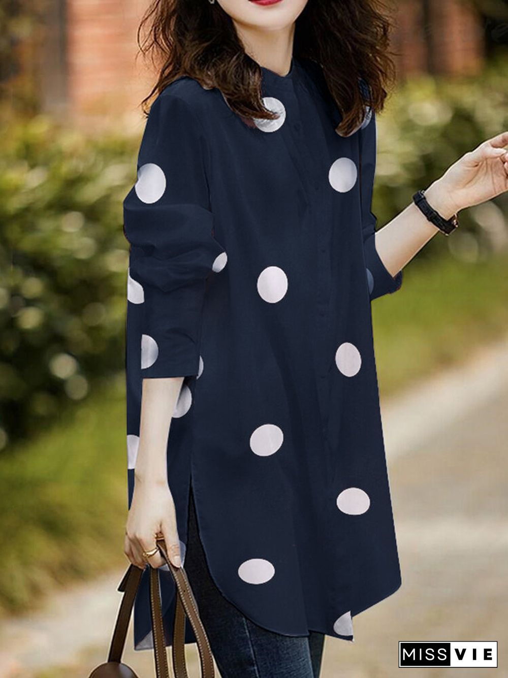 Polka Dot Button Split Long Sleeve Stand Collar Casual Shirt