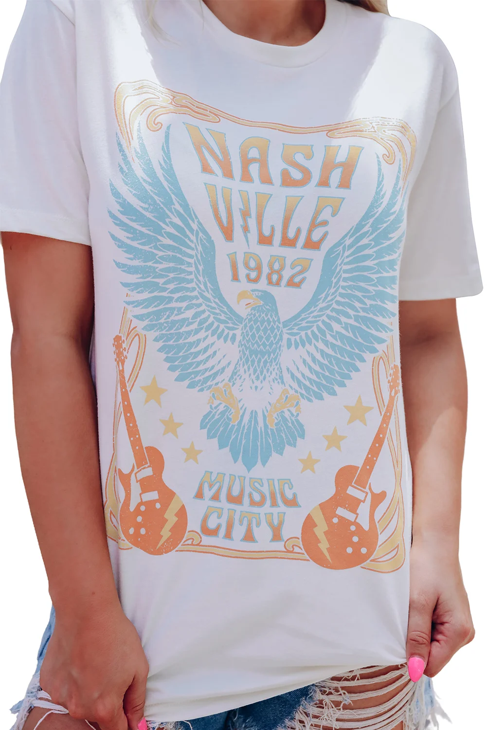 White NASHVILLE 1982 Eagle Graphic Print Casual T Shirt