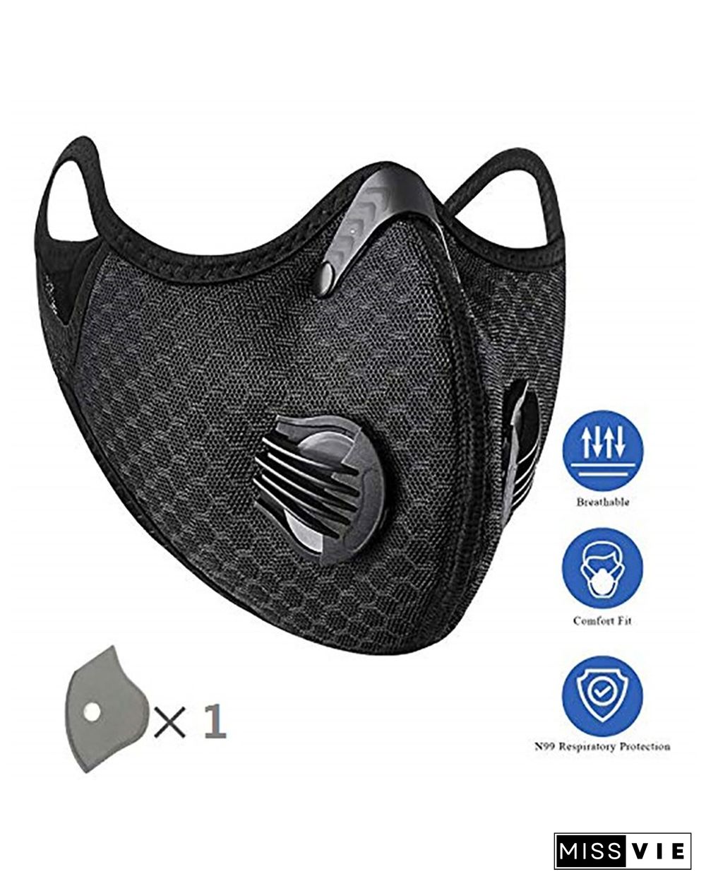 Solid Breathing Washable 2 Valves Face Mask (1 filters as gift)