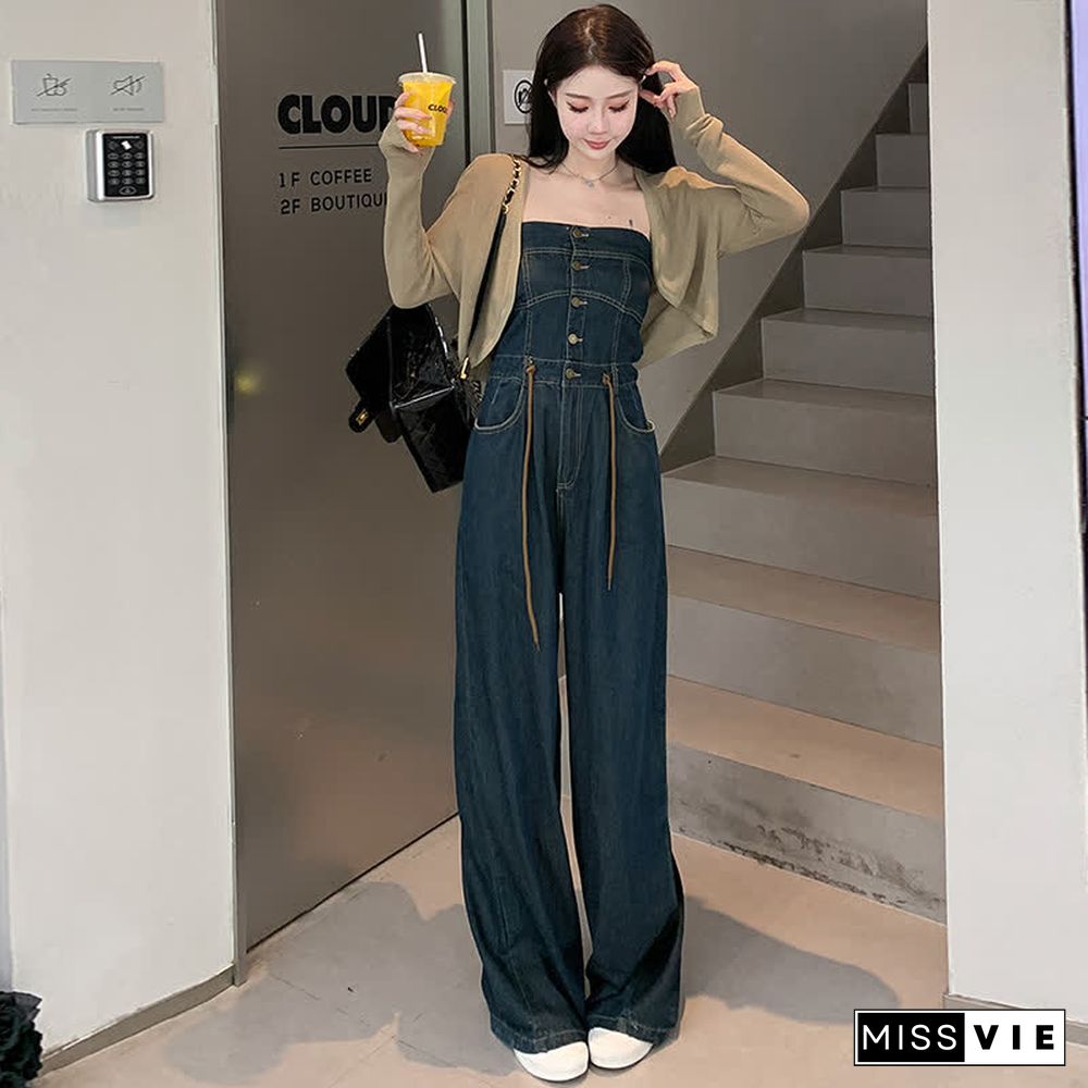 Pure Color Knit Cardigan Off The Shoulder Lace Up Denim Overalls