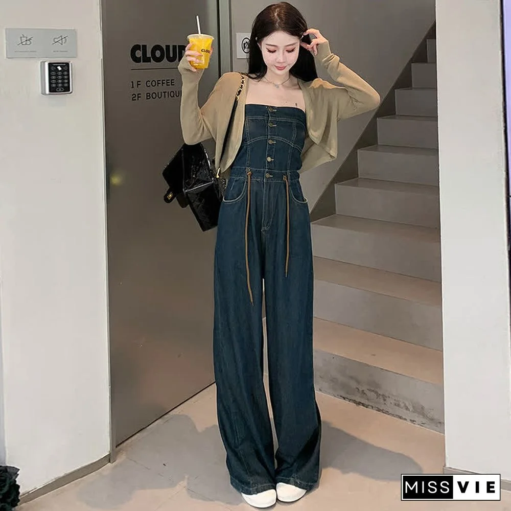 Pure Color Knit Cardigan Off The Shoulder Lace Up Denim Overalls