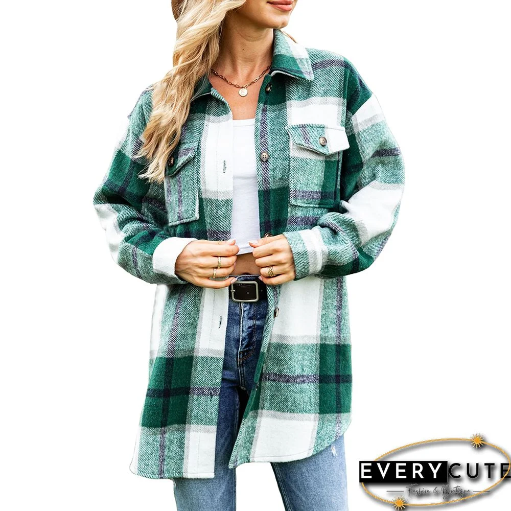 Green Button Long Style Plaid Shacket with Pocket