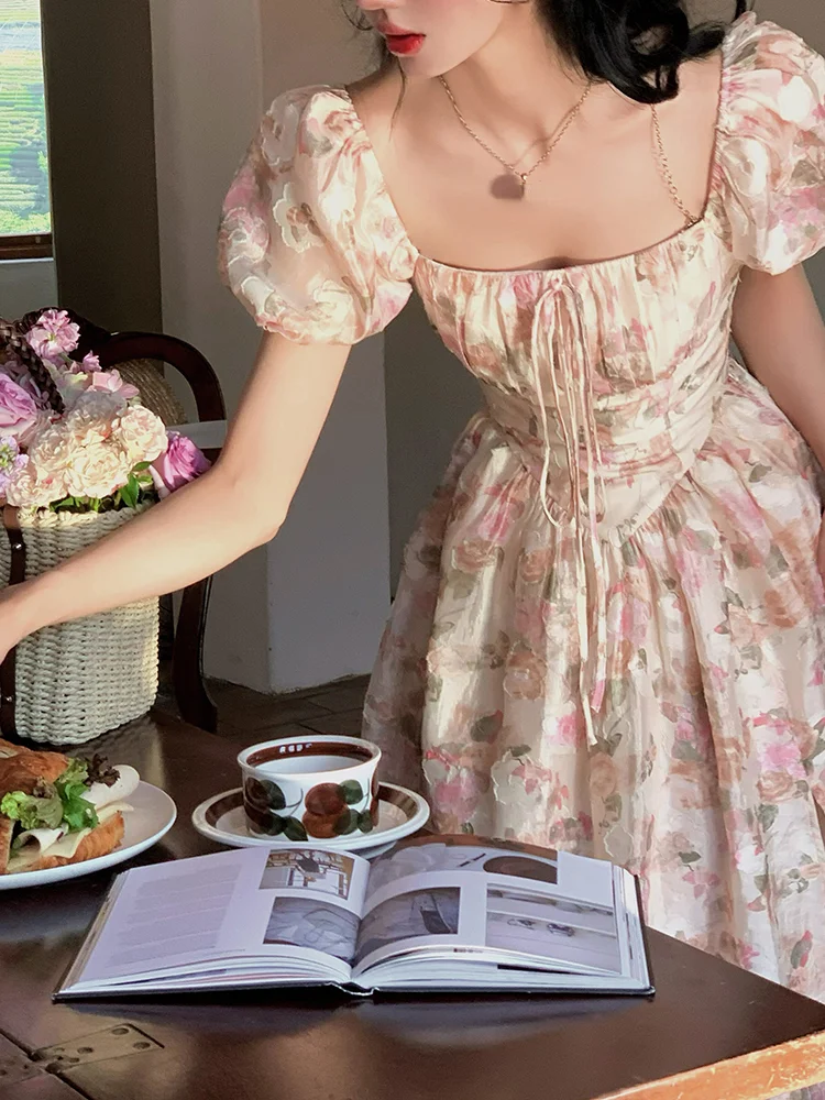 Chiffon Puff Sleeve Sweet Fairy Floral Party Midi Dress PE117