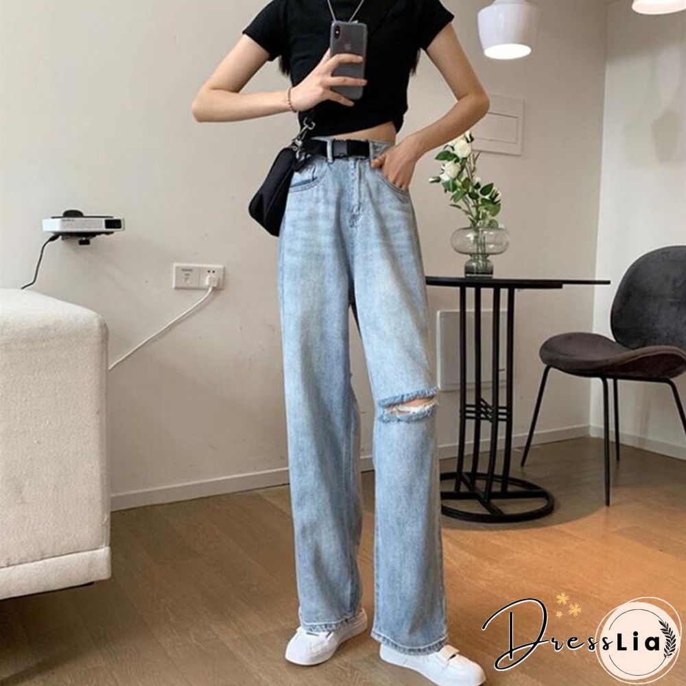 Woman Jeans Ripped High Waist Clothes Wide Leg Denim Clothing Streetwear Vintage Quality Fashion Harajuku Straight Pants