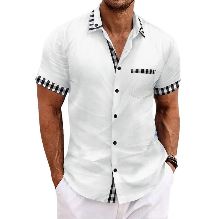 Men's Cotton And Linen Plaid Patchwork Chest Pocket Short-Sleeved Shirt 52418556Y
