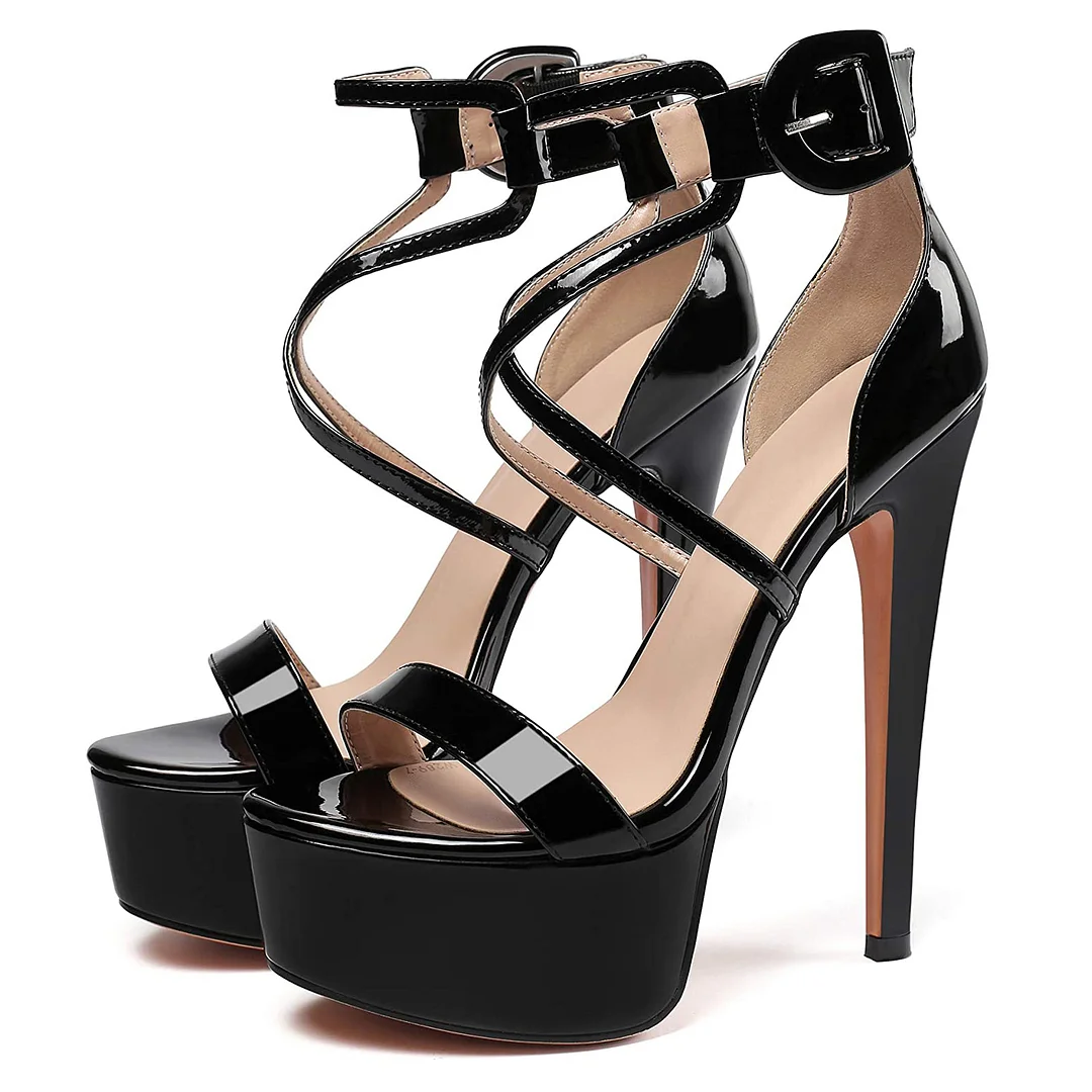 150mm Women's Open Toe Platform Sandals Ankle Strap High Heel Patent Summer Shoes-MERUMOTE