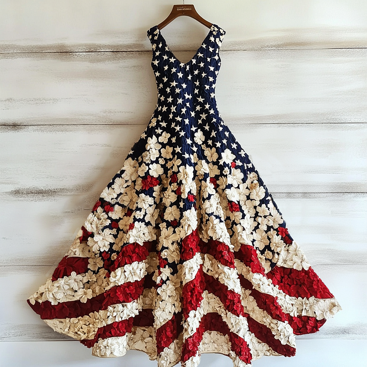 VChics Women's Vintage Independence Day Flag Flowers Art Linen Maxi Dress