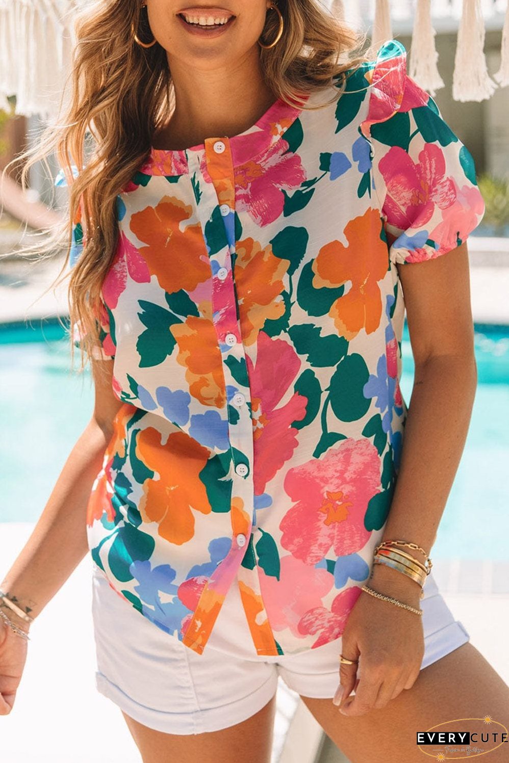 Floral Fantasy Puff Sleeve Blouse with Ruffle Detail