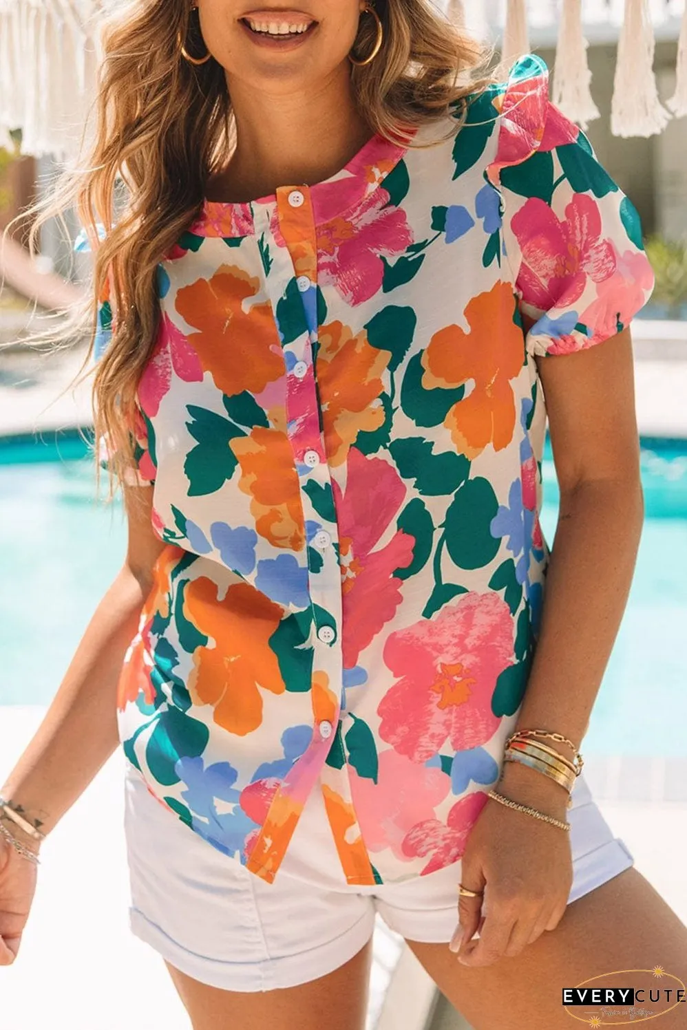Floral Fantasy Puff Sleeve Blouse with Ruffle Detail