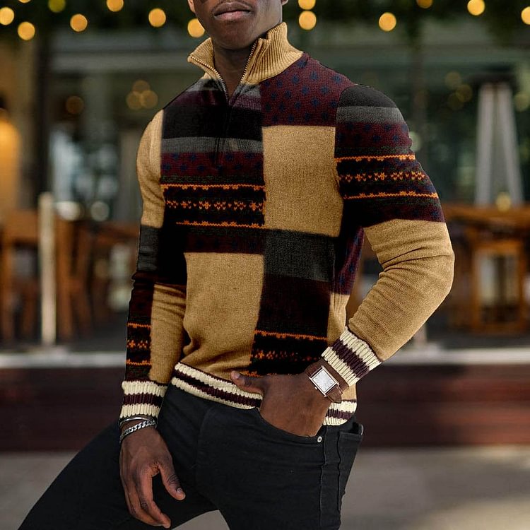 LONG SLEEVE RETRO MEN'S HIGH NECK ZIPPER SWEATER