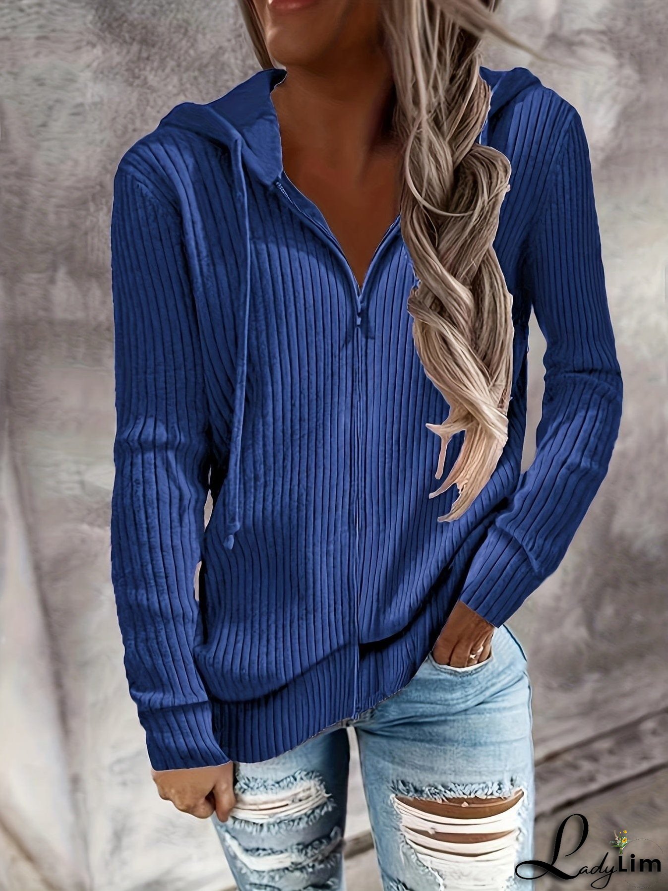 Plus Size Casual Coat, Women's Plus Solid Ribbed Zip Up Long Sleeve Drawstring Hoodie Sweater