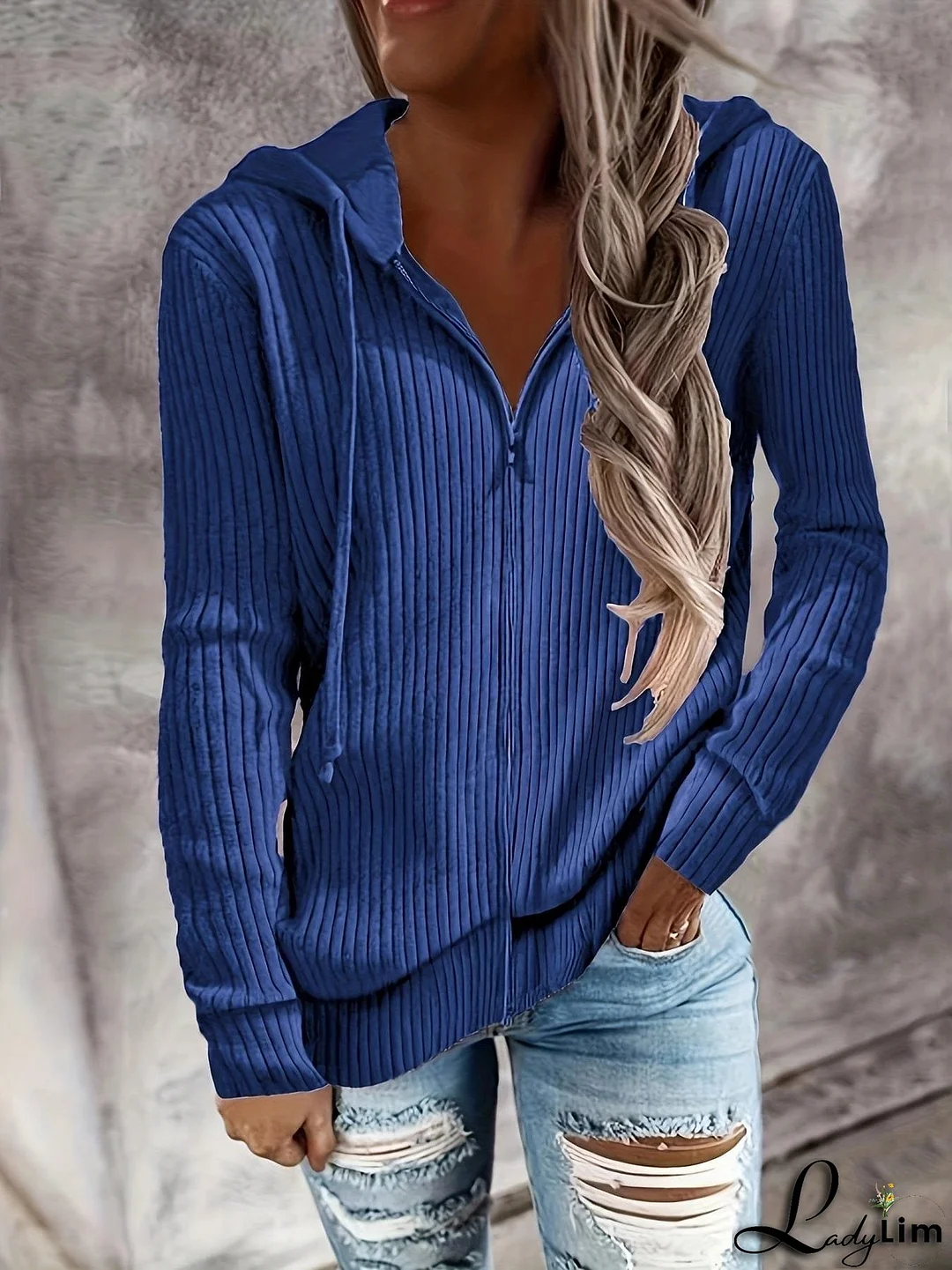 Plus Size Casual Coat, Women's Plus Solid Ribbed Zip Up Long Sleeve Drawstring Hoodie Sweater