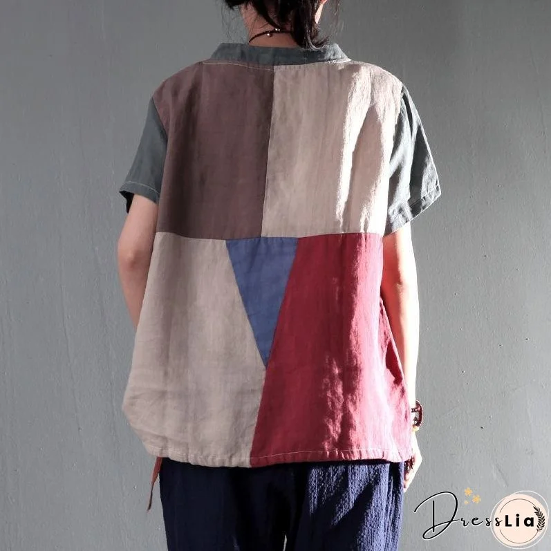 New gray patchwork women linen shirt plus size short blouse top