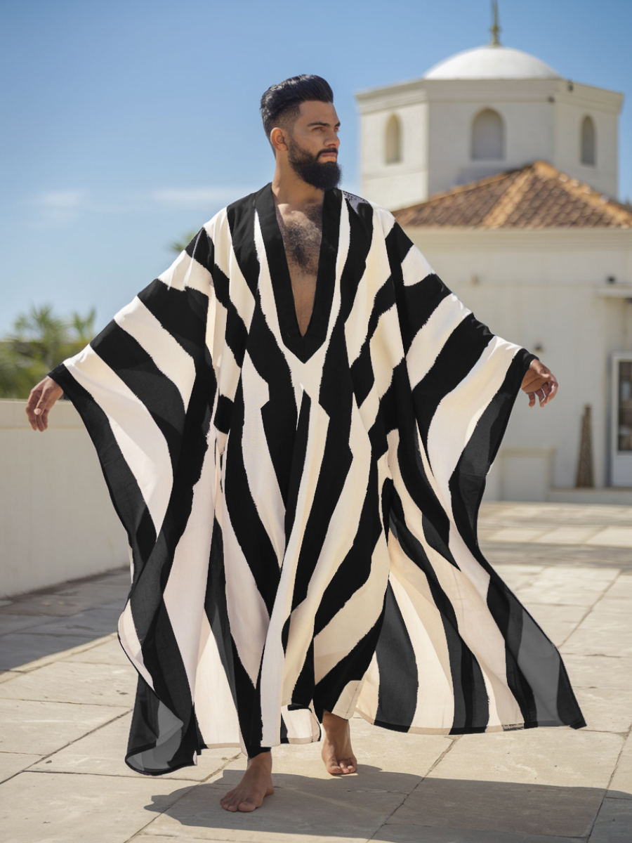 Men's Black and White Striped Polyester V-Neck Robe
