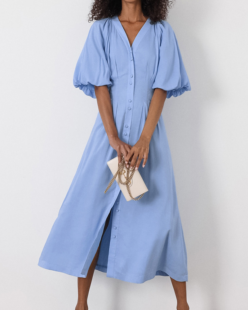 Puff Sleeve V Neck Side Split Single Breasted Midi Dress