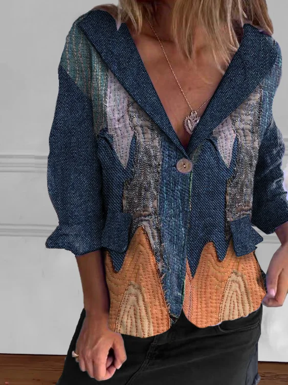 Women's Vintage Patchwork Denim Print Lightweight Blazer