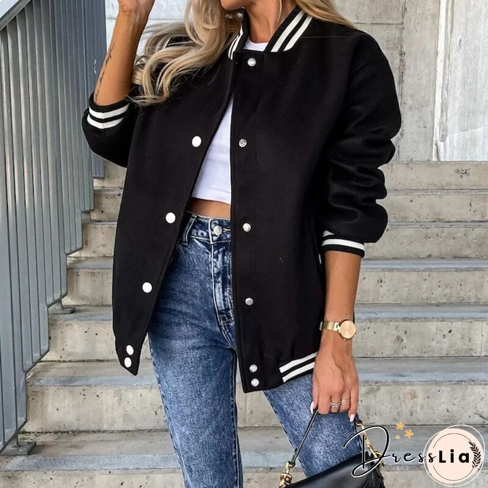 Fashion Contrast Woolen Jacket Women Casual Long Sleeve O Neck Single Breasted Coats Ladies Autumn Loose Pocket Baseball Uniform