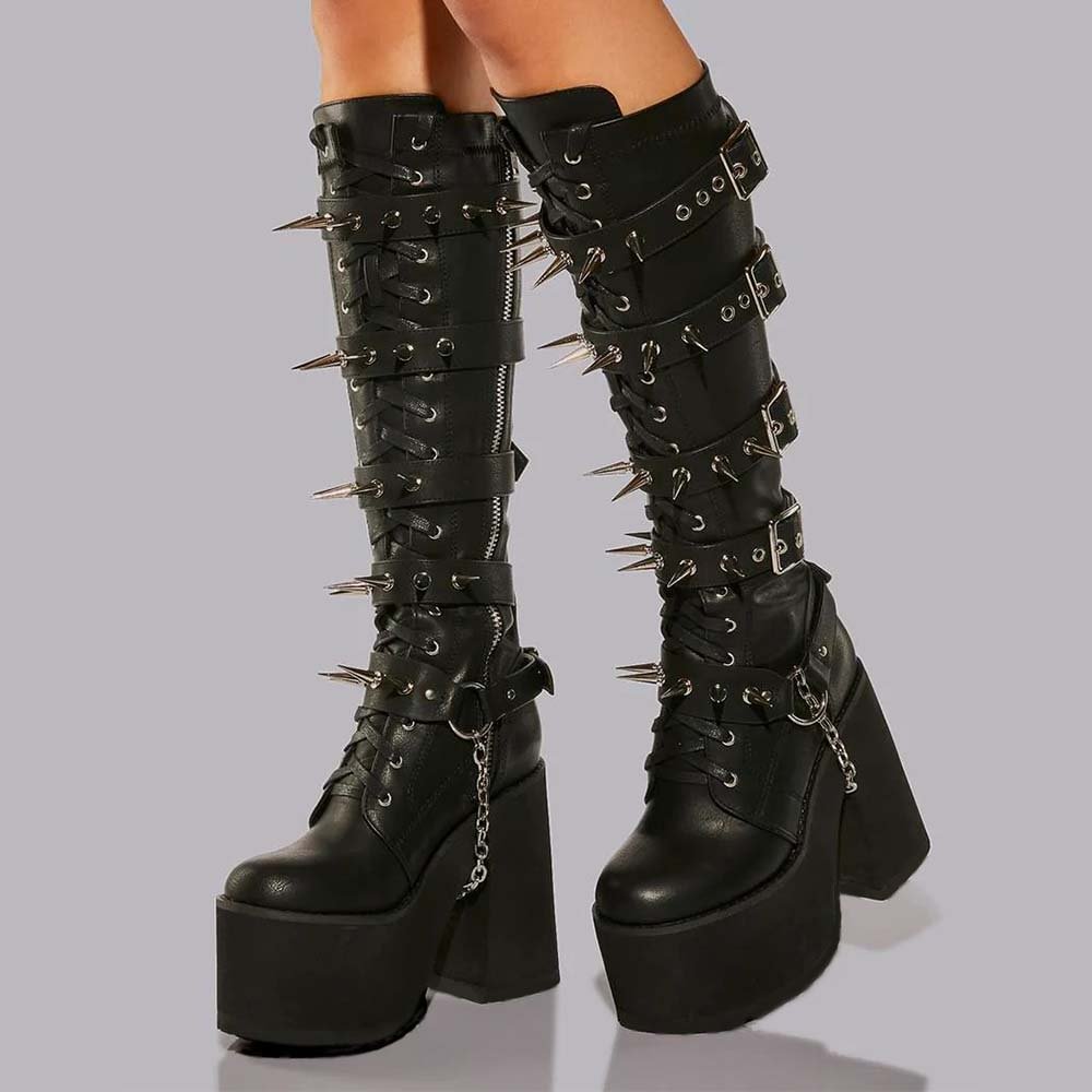 Women Platform Boots Black High Heels Y2K Halloween Gift Nicepairs