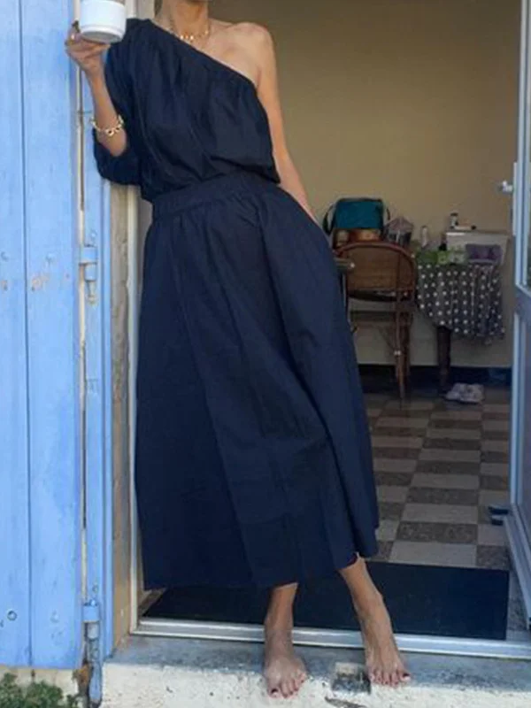 Woherb Woherb 2024 Summer New Women's Fashion Inclined Shoulder Jacket Long Skirt Suit Two Sets-Outfit Ideas