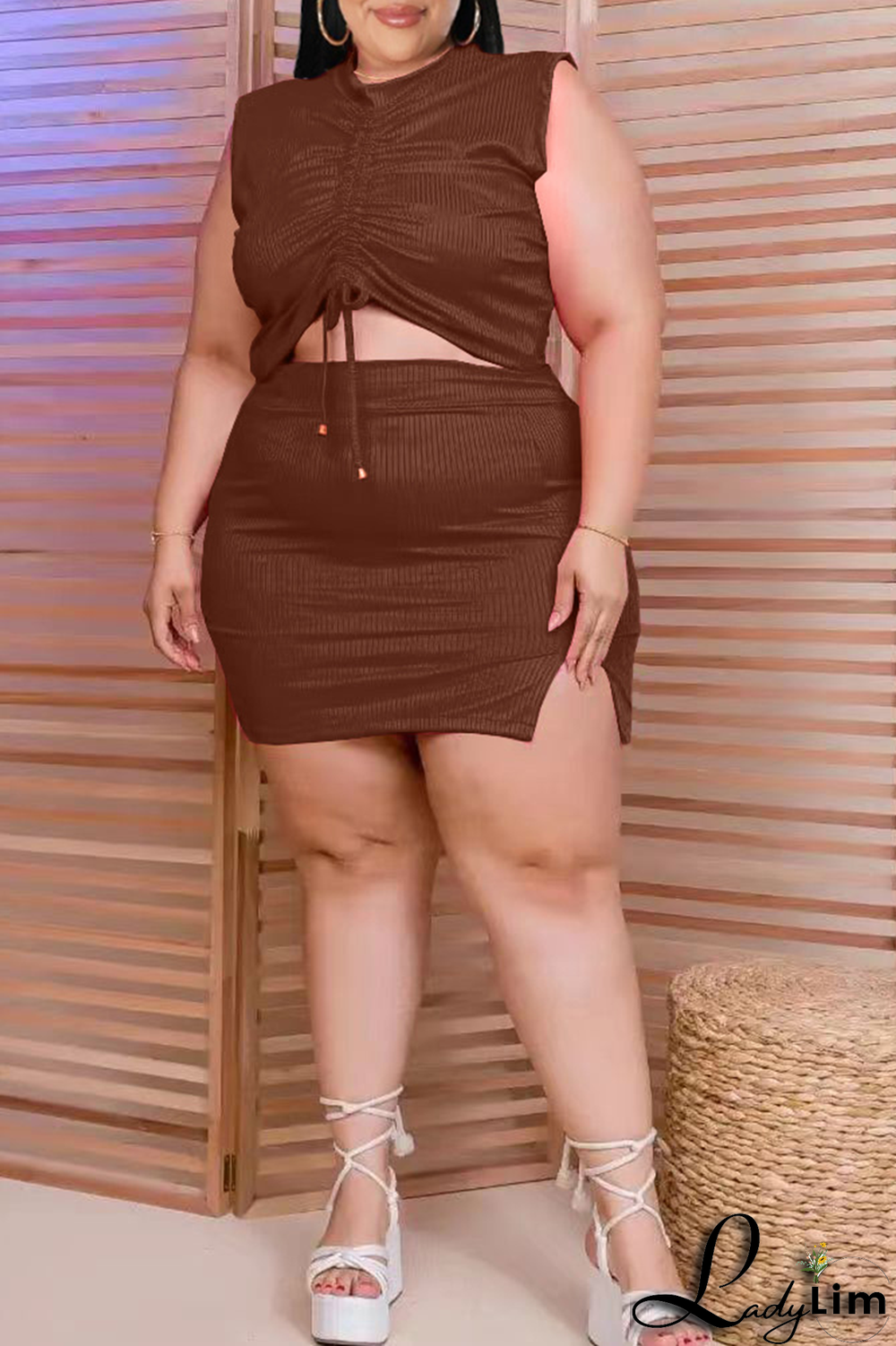 Pink Sexy Solid Draw String V Neck Plus Size Two Pieces