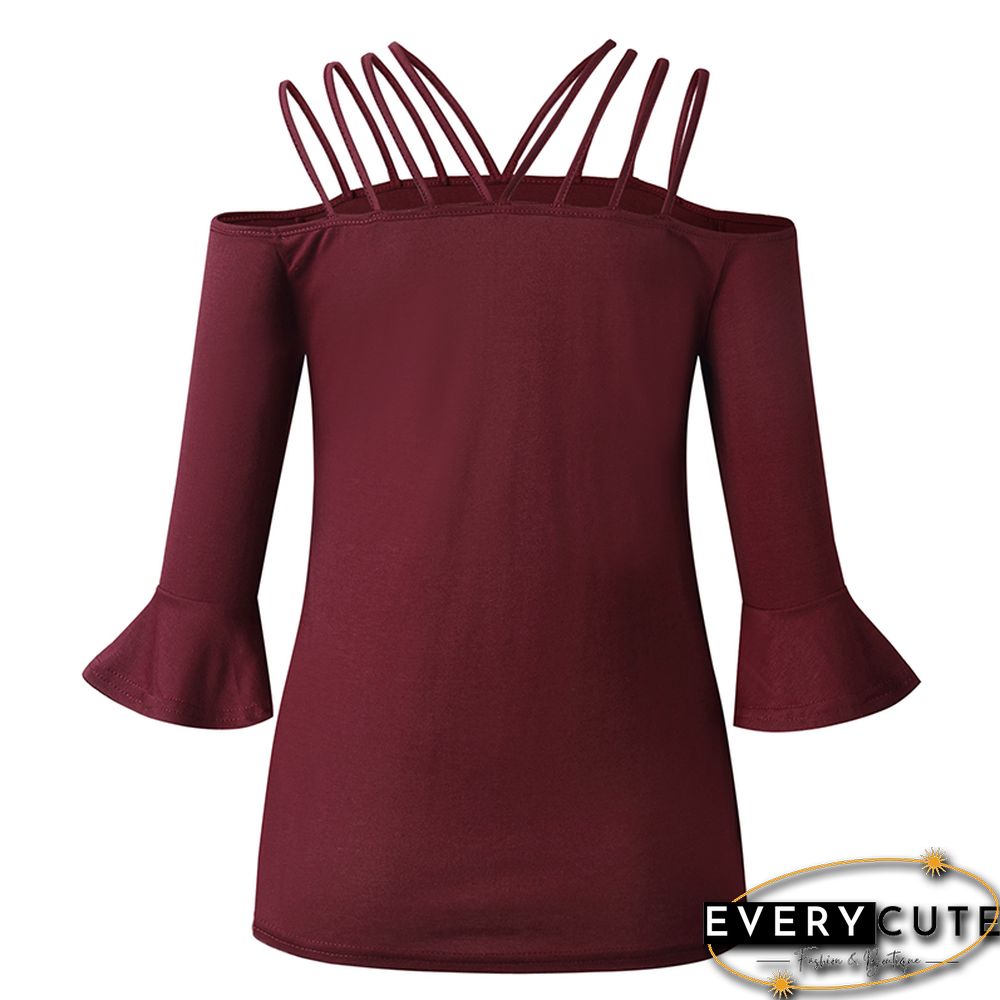 Wine Red Off Shoulder Bell Sleeve Top
