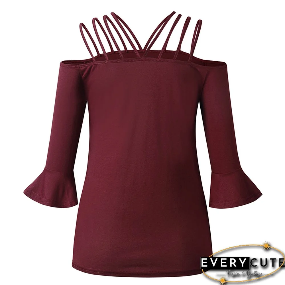 Wine Red Off Shoulder Bell Sleeve Top