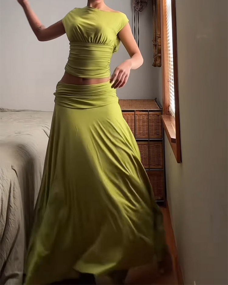 Boat Neck Pleated Top and Skirt Two-piece Set