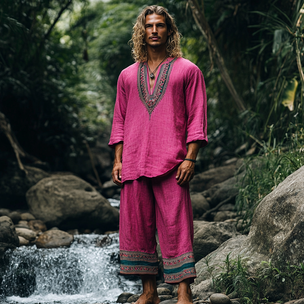 Men's Bohemian Holiday Style Vintage Ethnic Totem Printed Cotton And Linen Casual Tops-inspireuse