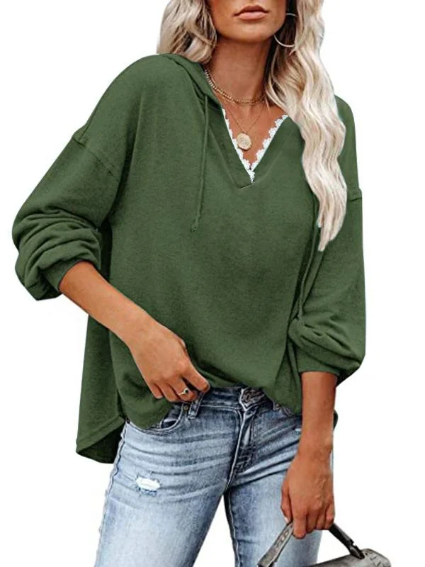 Women's Long Sleeve V-neck Lace Stitching Hooded Top