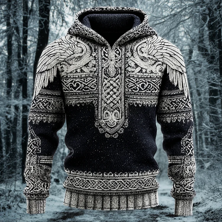 Men's Viking Celtic With Wings Art Cozy Knit Hooded Sweater