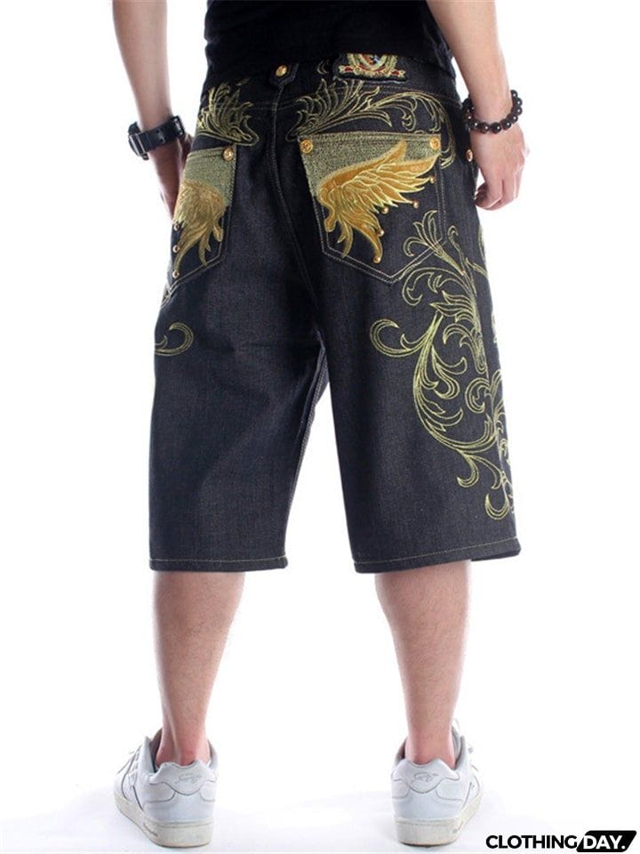 Trendy Street Style Loose Embroidered Comfy Cropped Pants For Men