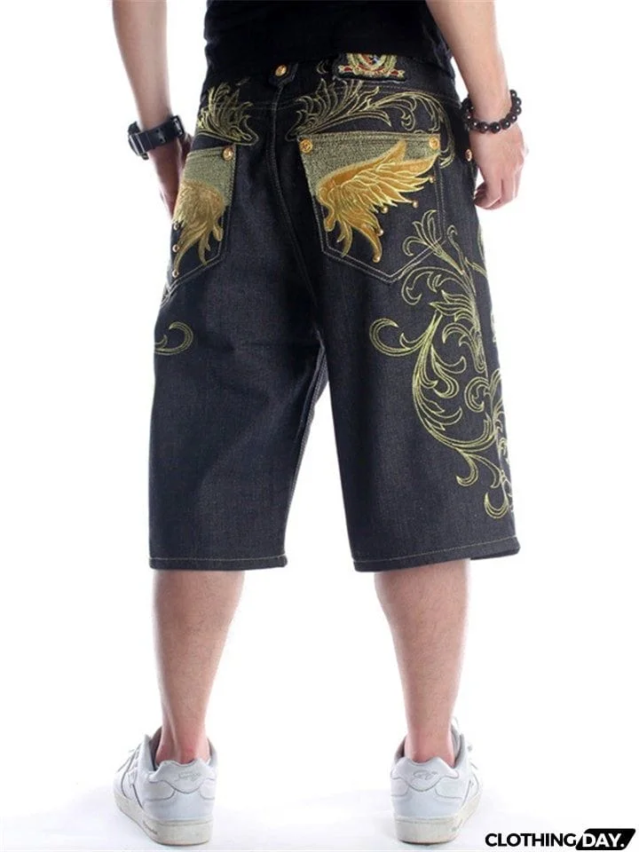 Trendy Street Style Loose Embroidered Comfy Cropped Pants For Men