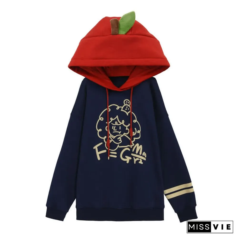 Funny Apple Print Loose Plush Hoodie