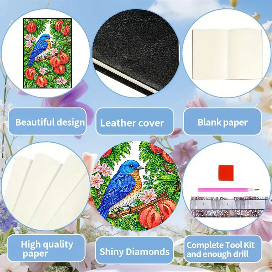 DIY Flower Diamond Painting Journals Notebooks 50 Pages A5 No Lines Special Shaped Diamond Art Kits for Beginners Craft Lovers and Artists (Peaches and Birds)