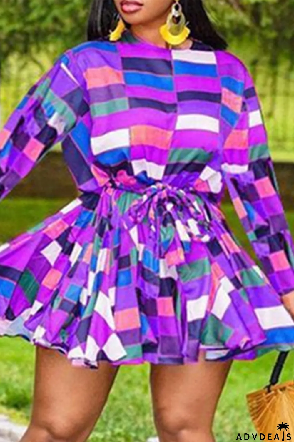 Yellow Fashion Casual Plus Size Print Basic O Neck Long Sleeve Dresses