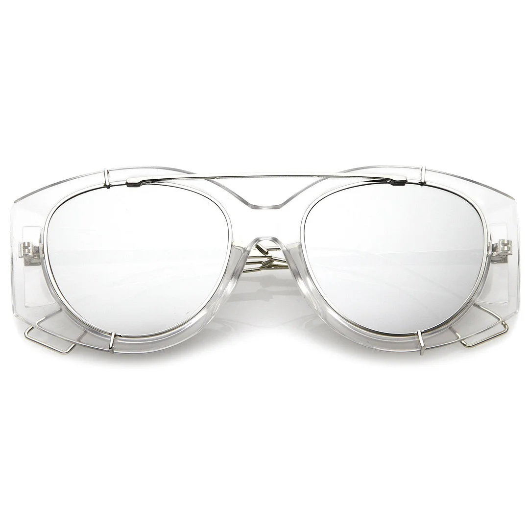 Futuristic Translucent Wire Metal Arms Crossbar Mirrored Flat Lens Oversize glasses 53mm