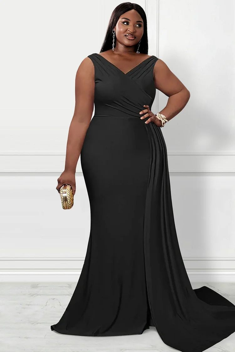 Xpluswear Design Plus Size Formal Dress Black Split V Neck Sleeveless Maxi Dress 