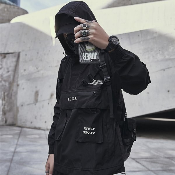 Multi Pocket Techwear Hoodie Waterproof Anorak With Hoodie