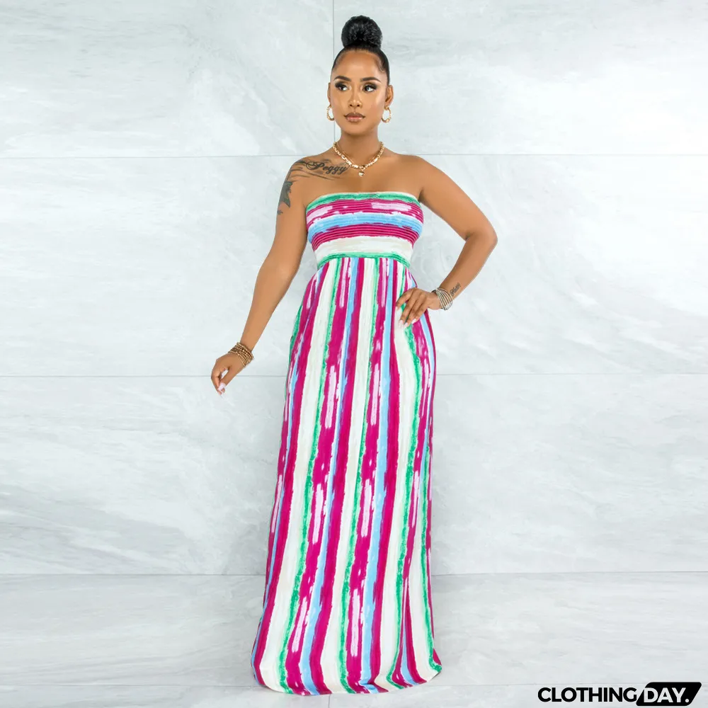 Sexy Printed Off Shoulder Strapless Maxi Dress