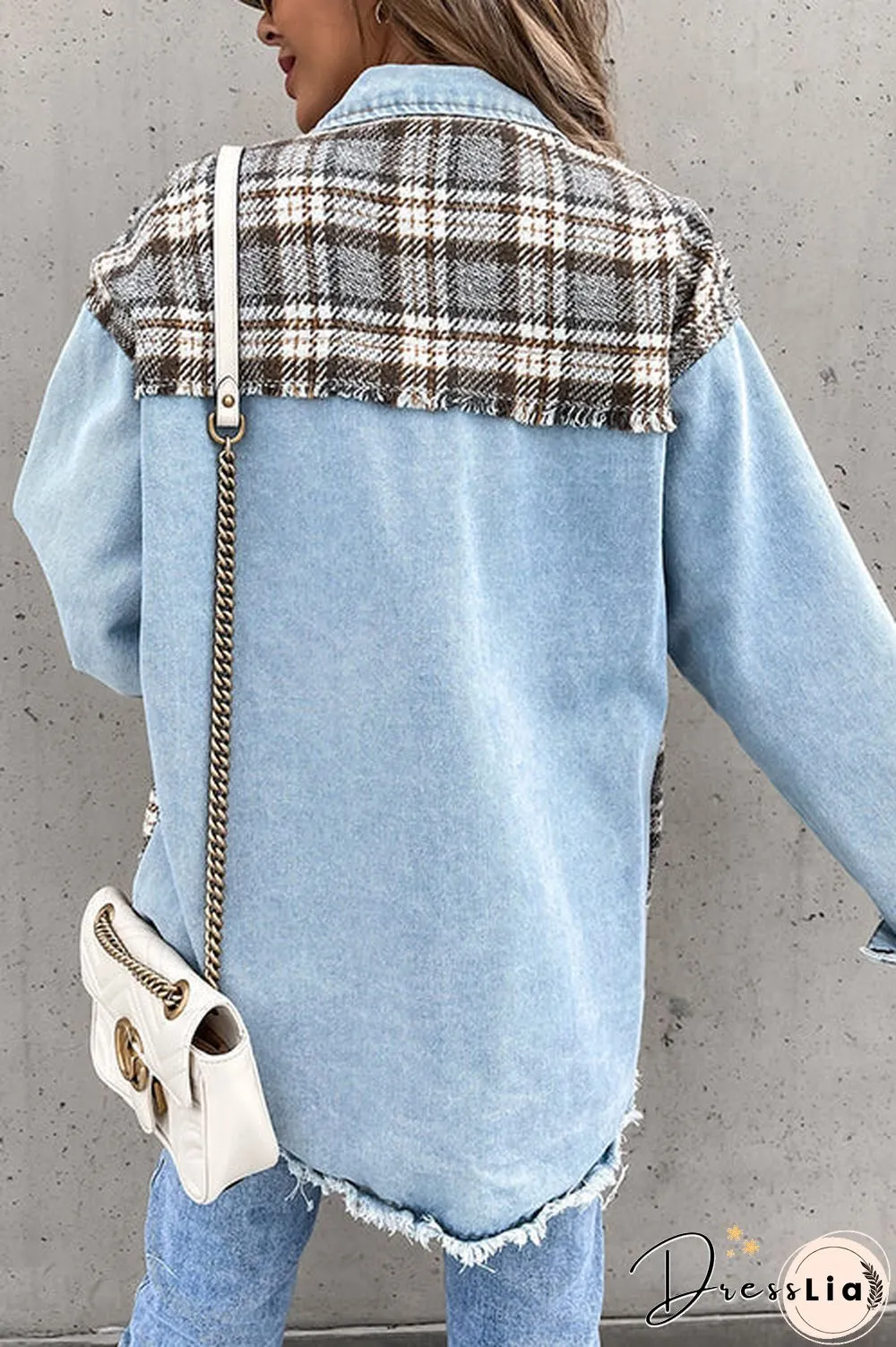 Checked Patchwork Pockets Denim Jacket